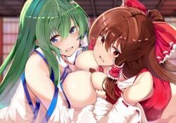 1boy 2girls asymmetrical_docking blurry blurry_background bow breast_envy breast_press breasts brown_hair censored commentary_request detached_sleeves frog_hair_ornament green_hair hair_ornament hairbow hakurei_reimu indoors kochiya_sanae large_breasts long_hair looking_at_viewer medium_breasts mosaic_censoring multiple_girls open_mouth paid_reward_available paizuri pov red_bow red_shirt reimu_hakurei ribbon-trimmed_sleeves ribbon_trim sanae_kochiya shirt sidelocks textless_version touhou touhou7716 wide_sleeves