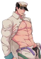 1boy dilf exposed_pecs jojo's_bizarre_adventure jotaro_kujo male male_only muscular_male open_clothes open_pants pecs solo unbuckled_belt unzipped_pants vento_aureo