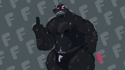 alphabet_(mike_salcedo) arcabark balls bara black_body blush body_hair bulge f_(mike_salcedo) male male_only middle_finger muscles muscular penis solo solo_male sweat sweating sweating_profusely underwear