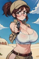 ai_generated angry baseball_cap belt brown_eyes brown_hair brown_hat cleavage crop_top desert fio_germi furrowed_brow glasses gun hat holding_gun holding_object holding_weapon looking_at_viewer metal_slug midriff navel nipple_bulge pointing_gun ponytail round_glasses serious short_hair short_jacket shorts sky snk stable_diffusion sweat tampopo tank_top vest white_shirt