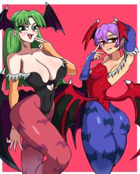 2023 2demons 2girls absurd_res ass bat_print big_breasts blue_pantyhose blush capcom cleavage clothing darkstalkers demon demon_girl demon_girls demoness demons female female_only flat_chest gauntlets green_eyes green_hair head_wings hyperlightcomodo large_breasts leotard lilith_aensland long_hair looking_at_viewer morrigan_aensland pantyhose pink_pantyhose purple_hair red_eyes sisters small_breasts smiling smiling_at_viewer succubi succubus succubus_wings thick_thighs wings