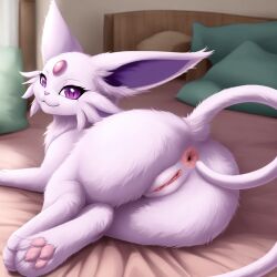 1girls ai_generated anus ass espeon female feral forked_tail futtbluffer generation_2_pokemon green_eyes lying paws pink_fur pokemon pokemon_(species) presenting presenting_hindquarters pussy stable_diffusion tail