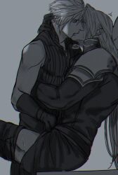 artist_request blush closed_eyes clothed cloud_strife embrace final_fantasy final_fantasy_vii final_fantasy_vii_advent_children gay gloves grey_background grinding hug humping implied_handjob kissing long_hair male male/male male_only monochrome muscular muscular_male pants_down pauldrons sephiroth simple_background spiky_hair steamy_breath tagme thighs yaoi