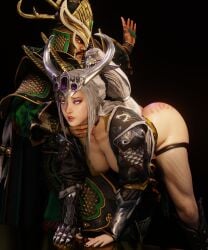 1girls 1male 3d bent_over brother_and_sister enjoying enjoyment female fishnets large_breasts miao_ying secretly_loves_it siblings skimpy skimpy_clothes soboro spank_marks spanking spanking_ass straight thick_thighs warhammer_(franchise) warhammer_fantasy yuan_bo_(warhammer)