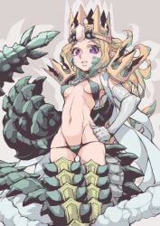 1girls blonde_hair breasts crown dragon_girl elbow_gloves female female_only fire_emblem fire_emblem_awakening gloves green_panties long_hair looking_at_viewer monster_girl multicolored_hair nintendo nowi_(fire_emblem) panties ponytail purple_eyes queen queen_draco_(fate) royalty small_breasts solo standing tail underwear very_long_hair yoblo