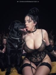 1boy 1girls ai_generated billie_eilish black_corset black_hair black_lingerie bun_hair canine celebrity choker concert corset crowd crowd_watching curvy curvy_female curvy_figure dog_collar earrings female interspecies johncooperbeast3dx kissing lace_lingerie male popstar public real_person realistic show singer straight tongue_out zoophilia