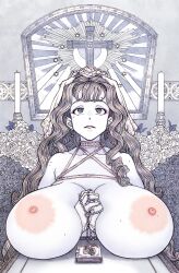 1girls 2d 2d_(artwork) areolae beauty_mark between_breasts big_breasts breasts candle choker church cross_earrings earrings flower hands_between_breasts long_hair nipples prayer_beads praying religious suzuki_kenya titty_morgane_(suzuki_kenya) veil