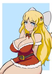 1girls alternate_costume bangs bare_shoulders bare_thighs belt blonde_hair breasts charlotte_(fire_emblem) christmas christmas_outfit cleavage dress female female_only fire_emblem fire_emblem_fates hand_on_own_face in2naps large_breasts looking_at_viewer nintendo shoulders sitting smile solo thick_thighs thighs very_long_hair