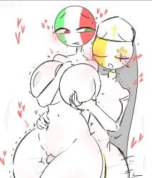 1futa 1girls big_ass big_breasts big_hips big_penis breasts closing_eyes clothed_futa countryhumans countryhumans_girl duo erection female futa_on_female futanari hat humanoid humanoid_penis italy_(countryhumans) kak0yt0_chel naked_female nude nun penis pussy sex thick_thighs thigh_sex vatican_city_(countryhumans) wide_hips