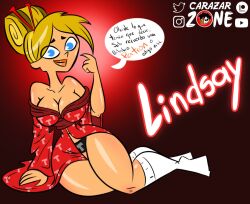 bare_shoulders blonde_hair busty carazar_zone female female_focus female_only hourglass_figure kiseru lindsay_(tdi) long_hair pinup pinup_pose solo speech_bubble tagme total_drama_island wide_hips