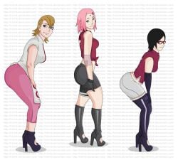 2023 3girls artist_website ass bare_shoulder bending_forward bending_over bent_forward bent_over big_ass big_breasts bike_shorts black_eyes black_hair black_high_heels blonde_hair boots boruto:_naruto_next_generations bottom_heavy breasts clothed clothed_female clothing curvaceous daughter dress eyelashes female female_only forehead_mark full_body fully_clothed gilf glasses gloves grandmother grandmother_and_granddaughter green_eyes grey_eyes hand_on_thigh haruno_mebuki heels height_difference high_heel_boots high_heels huge_ass light-skinned_female light_skin looking_at_viewer lrslink mature mature_female milf mother mother_and_daughter multiple_girls naruto naruto_(series) older_female pants pink_hair pink_pants platform_heels pose posing posing_for_the_viewer red_glasses sakura_haruno sarada_uchiha shirt short_hair size_difference skimpy skimpy_clothes skirt sleeveless_shirt small_breasts smaller_breasts smaller_female smile smiling smiling_at_viewer spats standing standing_position taller_female teenager thighs tight_clothing top_heavy uchiha_symbol voluptuous voluptuous_female younger_female