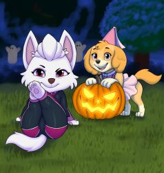 2girls brown_fur canid canine canis cockapoo cub female_focus forest furry furry_female ghost grass halloween halloween_costume happy hat legs legs_up miniskirt naughty night_sky paw_patrol paws pink_eyes princess_dress princess_outfit pumkin sitting skye_(paw_patrol) smirk smirking sweetie_(paw_patrol sweetie_(paw_patrol) tail white_fur white_highland_terrier