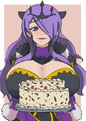 1girls alternate_costume birthday breasts cake camilla_(fire_emblem) camilla_(light_of_nohr)_(fire_emblem) cleavage coat crown female female_only fire_emblem fire_emblem_fates fire_emblem_heroes food gloves horns huge_breasts in2naps nintendo official_alternate_costume open_mouth royalty smile solo very_long_hair