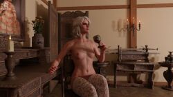 3d breasts ciri cum drink drinking female nipples nude the_witcher_(series) the_witcher_3:_wild_hunt white_hair xintreaa