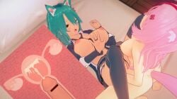 3d bed big_breasts black_legwear blue_hair breasts cat_ears catgirl chisai_tagen cum cum_in_pussy cum_in_uterus cum_inside ejaculation erection fox_tail futanari internal_cumshot koikatsu lesbian_sex penis pink_hair puffy_nipples rainbowvt_ red_eyes red_hair school_uniform small_breasts virtual_youtuber vtuber xray_view yuri