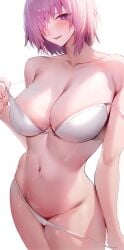 1girls alternate_version_available big_breasts blush bra_removed breasts cleavage collarbone eyebrows_visible_through_hair fate/grand_order fate_(series) female female_focus female_only hair_over_one_eye highres large_breasts mash_kyrielight navel nipples pale-skinned_female pale_skin panties panties_removed parted_lips pink_hair purple_eyes removing_bra removing_panties rororo shiny_skin short_hair simple_background thick_thighs uncensored underwear undressing white_background