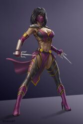 abs black_hair breasts edenian female heel_boots heels heroharborx loincloth mask masked masked_female midriff mileena mortal_kombat muscular muscular_female oiuuart orange_eyes purple_clothing sai_(weapon) short_hair solo solo_female tarkatan toned toned_female toned_stomach weapon