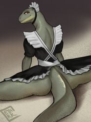 anthro ass black_betty_(meme) bottomless brown_eyes clothed clothing digital_media_(artwork) ethrk female flexible glistening glistening_body green_body green_scales hi_res lizard looking_at_viewer looking_back maid_headdress maid_uniform monitor_lizard reptile scales scalie skimpy smile solo splits spread_legs spreading uniform