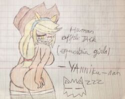 1girls applejack_(mlp) artist_logo ass breasts equestria_girls female female_only looking_at_viewer looking_back my_little_pony naked naked_female nude nude_female rear_view sideboob solo solo_female thighhighs traditional_media_(artwork) yanniku-san