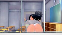 big_ass black_eyes black_hair classroom fat_ass flashing lipstick momo_yaoyorozu mooning my_hero_academia no_pants panties peace_sign ponytail school_uniform smile white_panties window yaoyorozu_momo