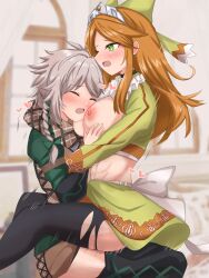 1boy 1girls abs ambiguous_penetration bare_midriff braid breast_grab breast_smother breasts breasts_out brown_hair clanne_(fire_emblem) closed_eyes clothed_sex commission etie_(fire_emblem) face_to_breasts female femboy_on_female fire_emblem fire_emblem_engage grabbing grabbing_another's_breast green_eyes groping heart highres long_hair male medium_breasts midriff motion_lines nintendo nipples open_mouth orange_hair pantyhose sex short_hair sitting sitting_on_lap sitting_on_person skeb_commission skirt tiara torn_clothes torn_pantyhose toshimasa toshimasa_(ztvy3575) twink