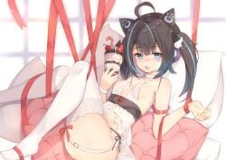 black_hair blue_eyes breasts cat_headphones character_request cleavage female female_focus female_only ice_cream tagme thighs white_stockings