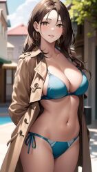 1girls ai_generated ai_mirror alley belly_button blue_bikini blush brown_coat brown_eyes brown_hair building earrings hands_behind_back house long_hair looking_at_viewer medium_breasts smile tree white_skin