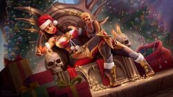 baby baraka black_hair bow candle candy_cane christmas christmas_hat christmas_tree closed_eyes edenian female_focus heel_boots heels heroharborx long_hair mascara meme mileena mortal_kombat mortal_kombat_1_(2023) oiuuart presents purple_clothing santa_hat skull tarkatan