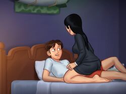 1boy 1girls 2d asian asian_female ass bed bed_sheet bedroom black_hair brown_hair clothed clothing darkcookie digital_drawing_(artwork) digital_media_(artwork) duo earrings female_on_top horny horny_female horny_male jacket laying_down laying_on_back laying_on_bed light-skinned_female light-skinned_male light_skin liu_wang_(summertime_saga) long_hair looking_at_partner main_character_(summertime_saga) male male/female on_top room skirt smile smiling spread_legs summertime_saga