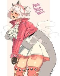 1boy 1girls ambiguous_penetration backshots big_ass big_breasts big_butt blue_eyes blush blush_lines breast_grab breast_squeeze breasts chocker dress elphelt_valentine grey_skin guilty_gear headband leather_jacket musk musk_clouds pale_skin pink_clothing skirt smell sweating thick_thighs thigh_squish thighhighs under_clothes void_dot_exe white_background white_dress white_girl white_hair