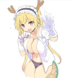 1girls big_breasts blonde_hair cool-kyou_shinja dragon_girl dragon_horns dragon_tail female gloves horns large_breasts light-skinned_female long_hair maid_headdress miss_kobayashi's_dragon_maid monster_girl open_clothes panties solo tohru_(dragon_maid) twintails white_background