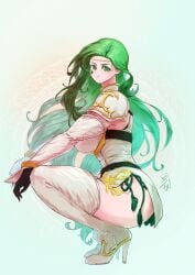 1girls annand_(fire_emblem) ass big_ass breasts female female_only fire_emblem fire_emblem:_genealogy_of_the_holy_war gloves green_eyes green_hair high_heels large_breasts long_hair looking_at_viewer nintendo smile solo squatting ta_dasu_(tadasu_hayashi) very_long_hair