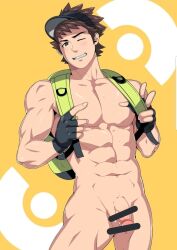 1boy abs backpack bag bar_censor bara brown_hair censored completely_nude flaccid highres large_pectorals male_focus male_only male_protagonist_(pokemon_go) mazjojo muscular muscular_male navel nipples nude one_eye_closed pectorals penis pokemon pokemon_go smile solo teeth