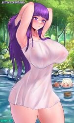 2girls alternate_version_available big_breasts breasts capybara dayby female female_focus female_only fern_(sousou_no_frieren) frieren hair hands_behind_head huge_breasts large_breasts long_hair multiple_girls nipples nipples_visible_through_clothing pointy_ears purple_eyes purple_hair sousou_no_frieren wet_clothes wet_clothing white_hair