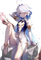 1girls :p ahoge anklet aoi_(buzhuen444) bare_legs barefoot blue_eyes blue_hair blue_nails blue_toenails blush bridal_gauntlets cherry_blossoms cleavage_cutout clothing_cutout dress drop-shaped_pupils eyelashes feet focalors_(genshin_impact) furina_(genshin_impact) genshin_impact goddess hair_between_eyes hair_over_one_eye hand_behind_head hoyoverse legs light_blue_hair long_hair long_sleeves looking_at_viewer multicolored_hair naughty naughty_face pale-skinned_female pale_skin petals seductive seductive_look sitting small_breasts smile solo thighs toe_ring toenail_polish tongue_out white_background white_dress white_hair