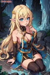 ai_generated blonde_hair blue_eyes cute dungeon elf elf_ears elf_female gamarjobson sitting water