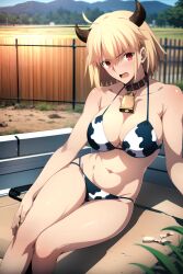 1girls ai_generated arcueid_brunestud bikini blonde_hair collar cow_costume cow_print cow_print_bikini day facing_viewer fate/grand_order fate_(series) female full_body large_breasts looking_at_viewer male_pov melty_blood nai_diffusion outdoors pov red_eyes short_hair solo squatting stable_diffusion tsukihime type-moon