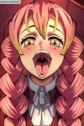 1girls ai_generated artist_request blush braid demon_slayer drooling female female_focus female_only female_pred green_eyes green_hair kanroji_mitsuri kimetsu_no_yaiba macro macrophilia mawshot mole_under_eye mouth multicolored_hair open_mouth pink_hair saliva solo solo_female teeth throat tongue tongue_out two_tone_hair uvula vore voreai