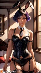 ai_generated bunny_ears bunny_girl cleavage corset large_breasts namco necktie panties purple_hair reina_mishima seductive tam_south tekken tekken_8