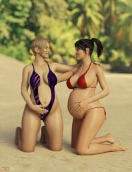 2girls 3d asian asian_female belly big_belly big_breasts black_hair blonde_hair breasts erojin female frost_(rainbow_six) iq_(rainbow_six) multiple_girls multiple_pregnancies pregnant rainbow_six rainbow_six_siege sling_bikini