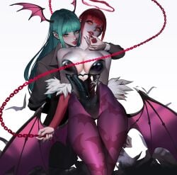 2girls absurd_res bat_print big_breasts breasts capcom chain_leash chainsaw_man clothing clothing_swap crossover darkstalkers female female_only green_eyes green_hair head_wings heart_cutout large_breasts leash leotard long_hair looking_at_viewer makima_(chainsaw_man) medium_breasts morrigan_aensland orange_eyes outfit_swap pantyhose pink_lips pink_pantyhose red_hair red_lipstick succubus succubus_wings thigh_gap white_background wings wonbin_lee