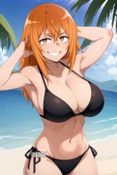 1girls ai_generated beach big_breasts bikini breasts clothed clothing curvy female female_focus female_only gamo-chan hands_behind_head hi_res highres human human_only light-skinned_female light_skin lokokabooster69 long_hair looking_at_viewer navel orange_eyes orange_hair please_don't_bully_me,_nagatoro pose revealing_clothes simple_background smile solo solo_female watermark wide_hips