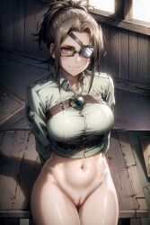 ai_generated arms_behind_back attack_on_titan bangs black-framed_eyewear blush bottomless breasts brown_eyes brown_hair closed_mouth collared_shirt cowboy_shot crop_top edosynf eyepatch female glasses green_shirt groin hanji_zoe high_ponytail highres indoors large_breasts long_sleeves looking_at_viewer navel parted_bangs ponytail pussy shingeki_no_kyojin shirt short_hair sidelocks sitting smile solo stomach sunlight thigh_gap thighs uncensored white_shirt window