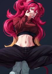 animal_ears athletic_female big_breasts crop_top crop_top_jacket crouching hand_covering_mouth hand_on_face headband heart_shape hot_pink_hair jeans light-skinned_female light_skin lunaria_ayaren manasenshou mask mouth_mask navel painted_nails pink_eyes shoes simple_background slim_waist solo_female spread_legs stomach strip_game tail thin_waist twintails virtual_youtuber vtuber vtuberfanart waist youtube_hispanic youtuber_girl