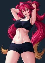 animal_ears armpits athletic_female big_breasts breasts cleavage curvy hands_behind_head headband heart_shape hot_pink_hair hourglass_figure latam_virtual_youtuber light-skinned_female light_skin lunaria_ayaren manasenshou mouth_open navel pink_eyes shorts shoulders simple_background slim_waist solo_female stomach strip_game tank_top thighs thin_waist twintails virtual_youtuber vtuber vtuberfanart waist youtube_hispanic youtuber_girl