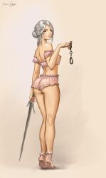 ass breasts ciri female lingerie nerogrim nipples solo sword the_witcher_(series) the_witcher_3:_wild_hunt transparent_clothing white_hair