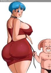 1boy 1girls big_ass big_breasts bulma_briefs collar curvaceous curvy dragon_ball interspecies_relationship leash oolong panarandom sex_slave small_dom_big_sub thick_thighs