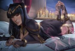 1girls ass bed bedroom black_hair bodystocking book breasts candles feet female female_only fire_emblem fire_emblem_awakening hair_ornament indoors karasu_h karasuh large_ass large_breasts nintendo on_bed on_stomach pose solo tharja_(fire_emblem) the_pose