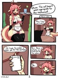 absurd_res aitherheart anthro big_breasts bow_tie breasts clothing comic dialogue dragon duo english_text female hair hi_res legwear mostly_nude page_1 panties pink_eyes pink_hair restaurant ryuhime solo speech_bubble text thigh_highs underwear waiter yellow_body