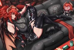 1girls armwear beer beer_can black_fingernails breasts breasts_bigger_than_head choker cleavage clothed clothed_female clothes clothing dragon dragon_girl dragon_horns dragon_tail dragon_wings elbow_gloves fan_mascot_(vtuber) feet female female_only fingerless_elbow_gloves fingerless_gloves gecko_(zentreya) heels high_resolution highres horn_piercing horns huge_breasts latex_thighhighs light-skinned_female light_skin looking_at_viewer lying lying_down lying_on_couch naisho nipple_piercing painted_fingernails painted_nails ponytail red_hair shoulders sideboob skindentation solo solo_female spiked_choker spiked_collar spilled_alcohol spilled_drink spilled_liquid tail thick_thighs thigh_squish thighhighs thighs virtual_youtuber voluptuous voluptuous_female vshojo vtuber wings yellow_eyes zentreya